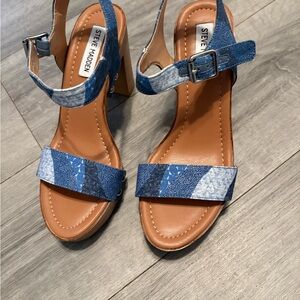 Steve Madden Blue Patchwork Denim Block Heel Sandals with Ankle Strap